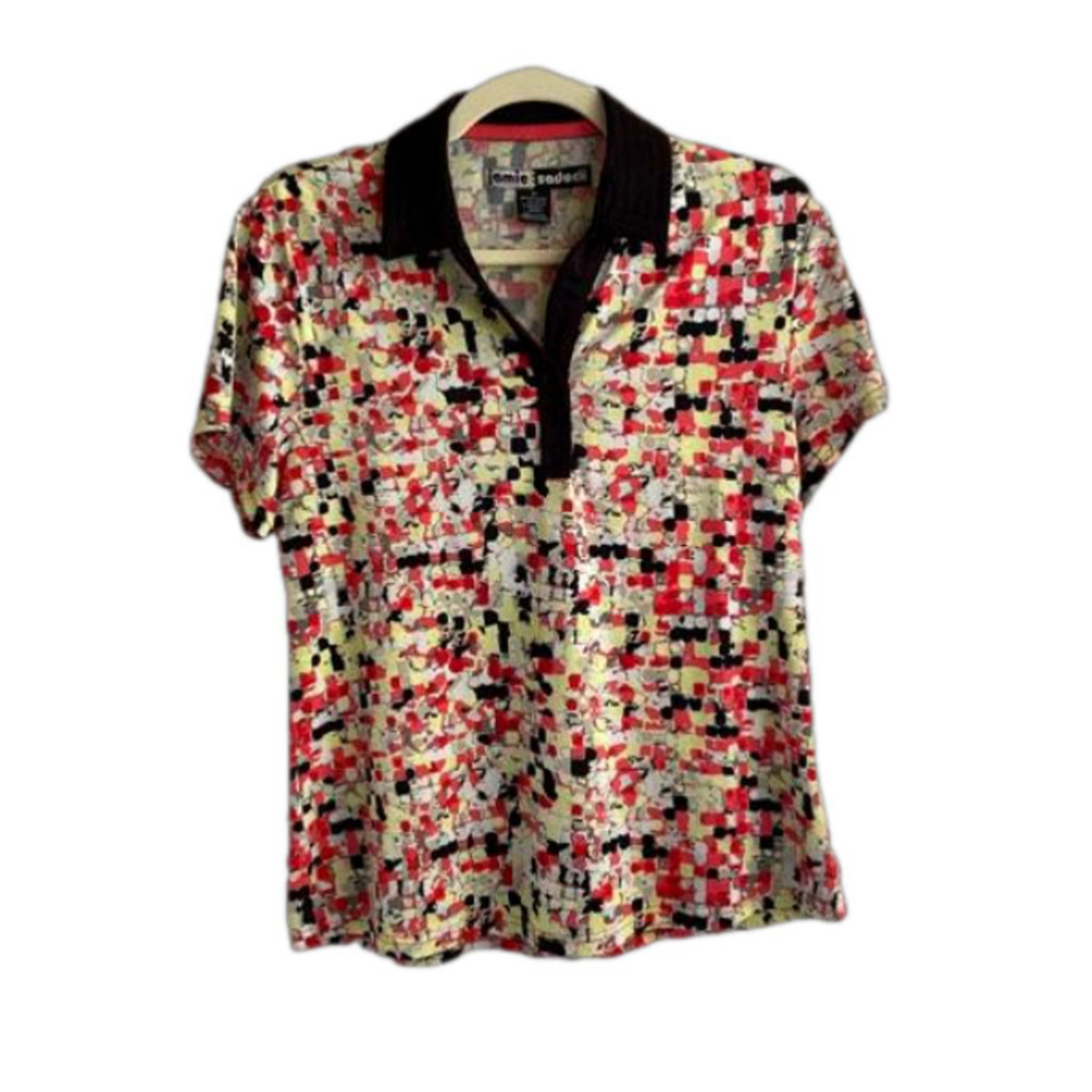 Jamie Sadock Golf Shirt - Short Sleeve Size M - Yellow/Red/Black V Neck